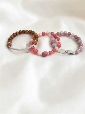 Glass Bead Stretch Bracelet Set of 3 Cross Blessed Pink Brown Stack
